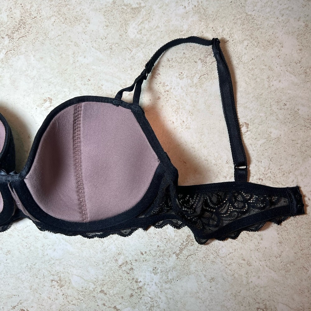 b.Tempted Wacoal Black Lace Bra 34C Floral Underwire Balconette Lined Bow Mesh - Picture 5 of 9